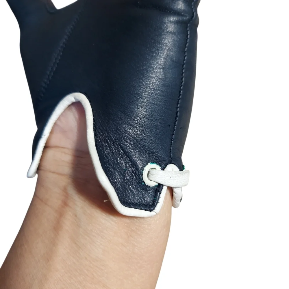 Vintage 50s 60s Navy Blue Leather Driving Gloves White Trim Mod Chic